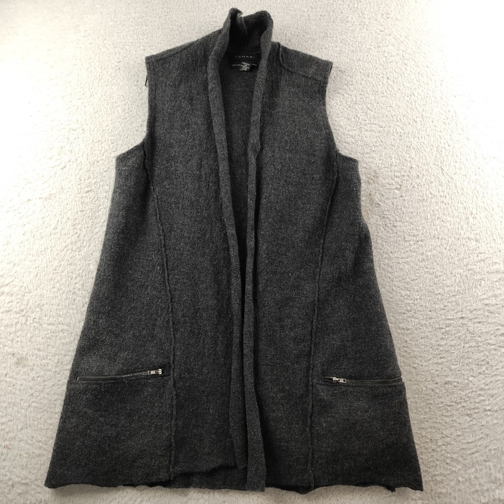 Tahari Wool Long Cardigan Charcoal Black Women's Medium Open Front Pockets